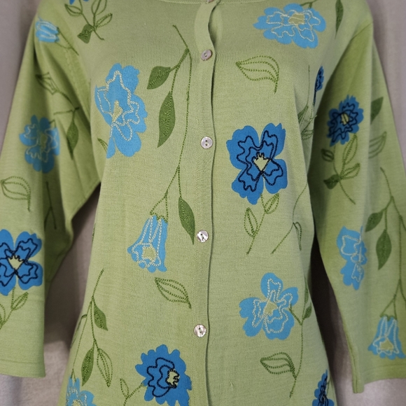NWOT David Brooks green blue embroider floral silk cardigan sweater Women XLarge - Picture 6 of 9